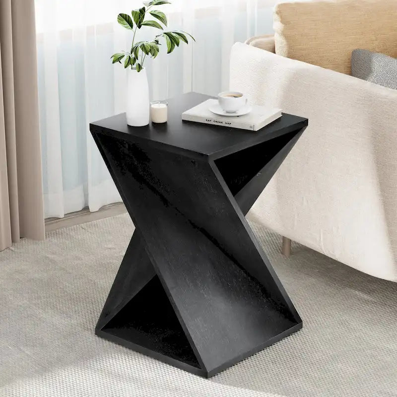 COZAYH Farmhouse End Table Square Solid Wood Side Table Rustic Plant Stand With Twisted Design, Natural Wood, Black