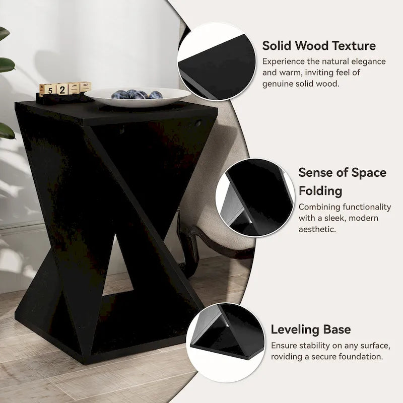 COZAYH Farmhouse End Table Square Solid Wood Side Table Rustic Plant Stand With Twisted Design, Natural Wood, Black