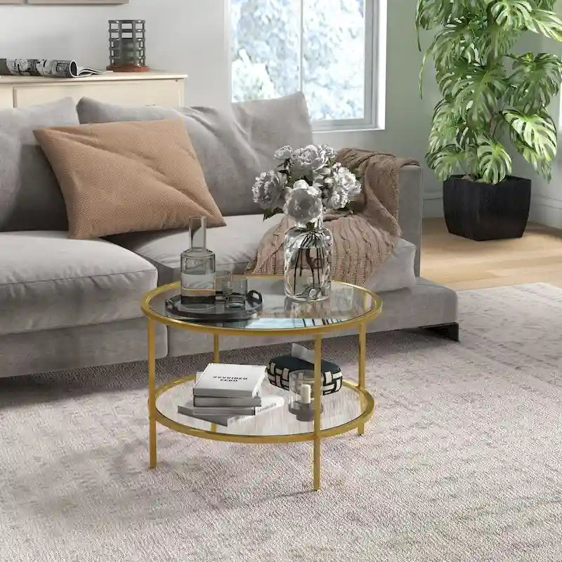 HOMCOM Side Table with Storage, 26 Round End Table, 2-Tier Tempered Glass Coffee Table with Steel Frame for Living Room