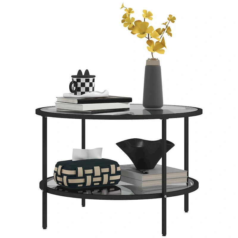 HOMCOM Side Table with Storage, 26 Round End Table, 2-Tier Tempered Glass Coffee Table with Steel Frame for Living Room