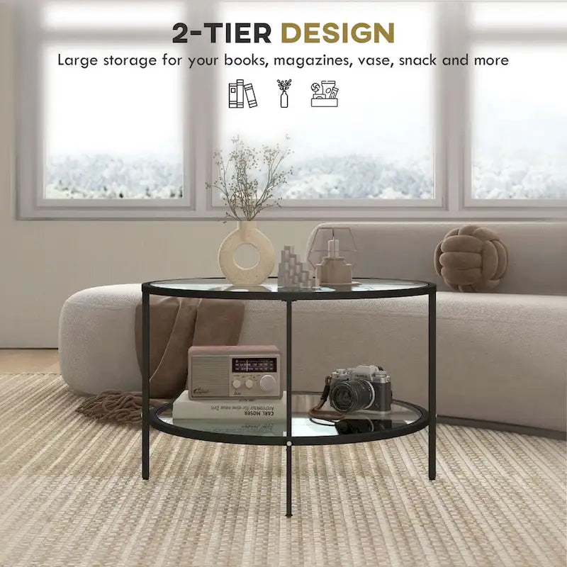 HOMCOM Side Table with Storage, 26 Round End Table, 2-Tier Tempered Glass Coffee Table with Steel Frame for Living Room