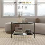 HOMCOM Side Table with Storage, 26 Round End Table, 2-Tier Tempered Glass Coffee Table with Steel Frame for Living Room