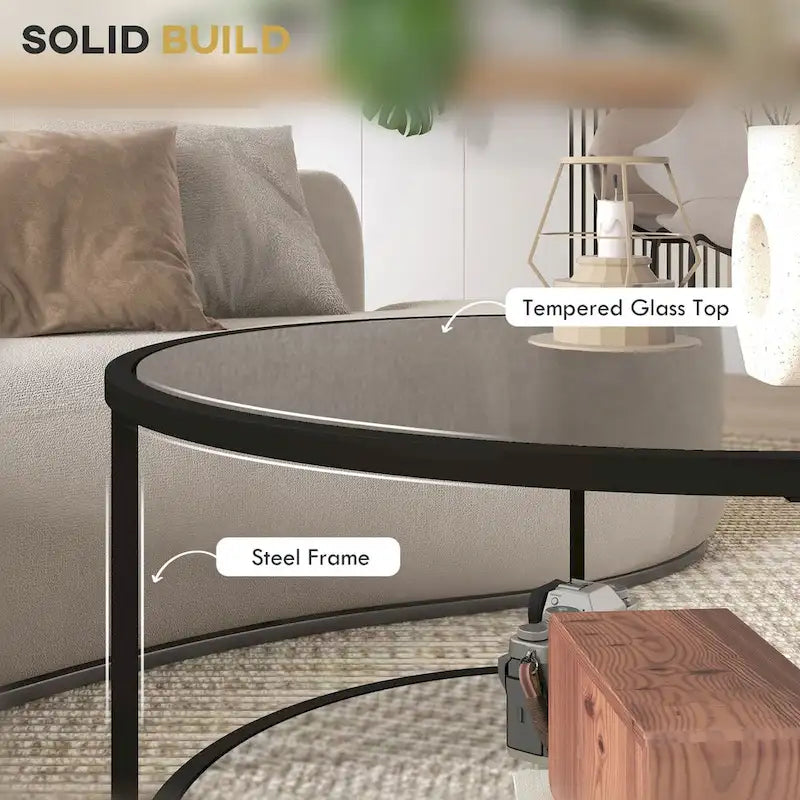 HOMCOM Side Table with Storage, 26 Round End Table, 2-Tier Tempered Glass Coffee Table with Steel Frame for Living Room