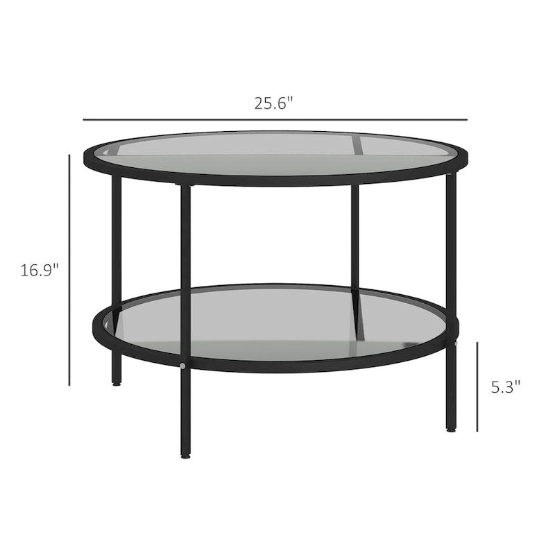 HOMCOM Side Table with Storage, 26 Round End Table, 2-Tier Tempered Glass Coffee Table with Steel Frame for Living Room