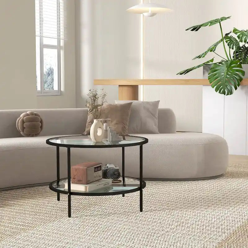 HOMCOM Side Table with Storage, 26 Round End Table, 2-Tier Tempered Glass Coffee Table with Steel Frame for Living Room