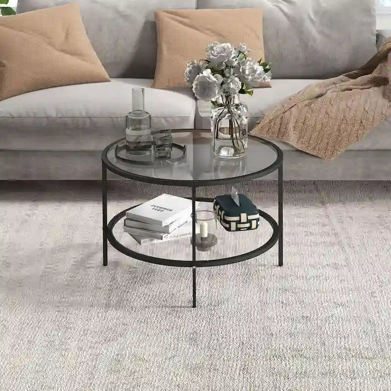 HOMCOM Side Table with Storage, 26 Round End Table, 2-Tier Tempered Glass Coffee Table with Steel Frame for Living Room
