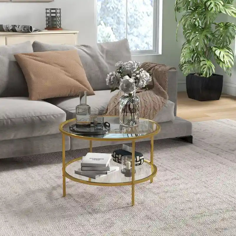 HOMCOM Side Table with Storage, 26 Round End Table, 2-Tier Tempered Glass Coffee Table with Steel Frame for Living Room
