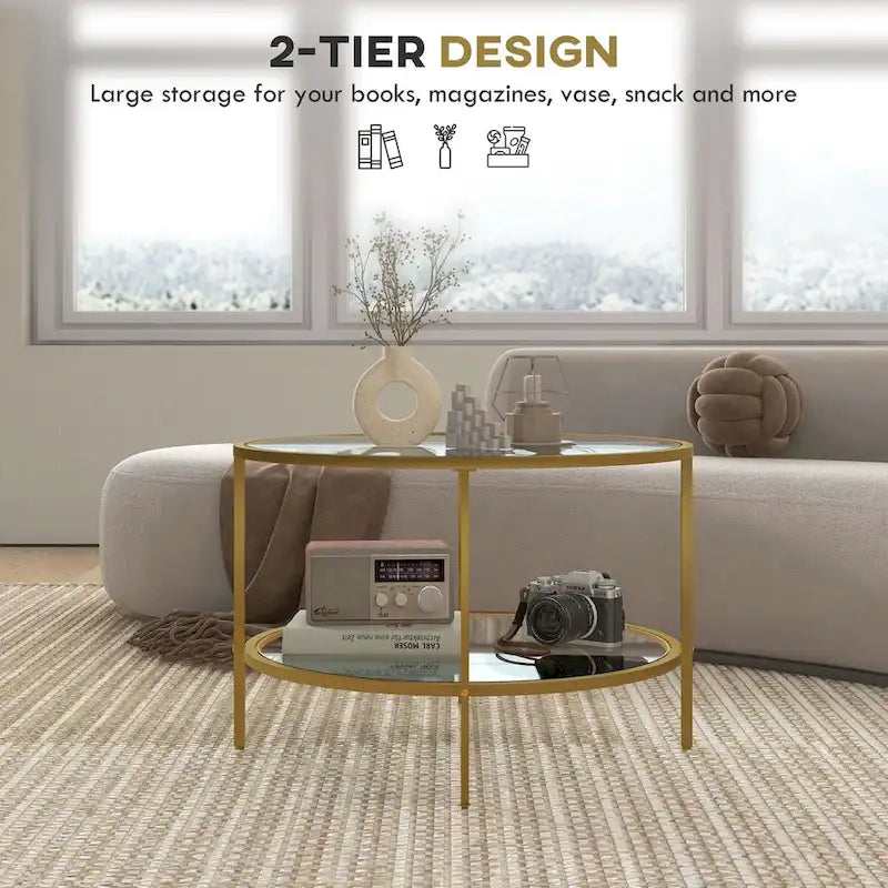HOMCOM Side Table with Storage, 26 Round End Table, 2-Tier Tempered Glass Coffee Table with Steel Frame for Living Room