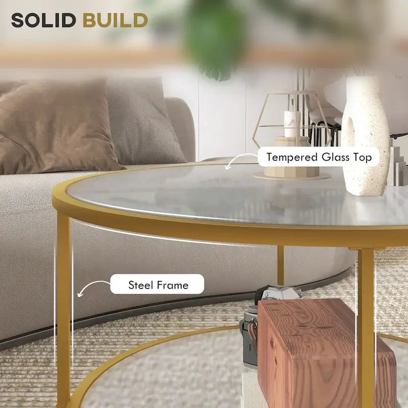 HOMCOM Side Table with Storage, 26 Round End Table, 2-Tier Tempered Glass Coffee Table with Steel Frame for Living Room