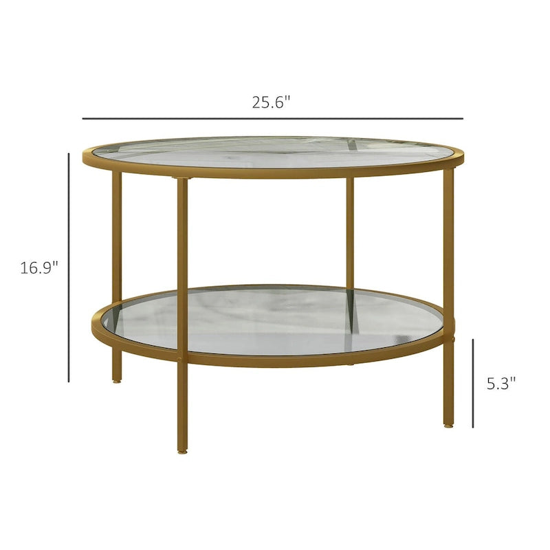 HOMCOM Side Table with Storage, 26 Round End Table, 2-Tier Tempered Glass Coffee Table with Steel Frame for Living Room