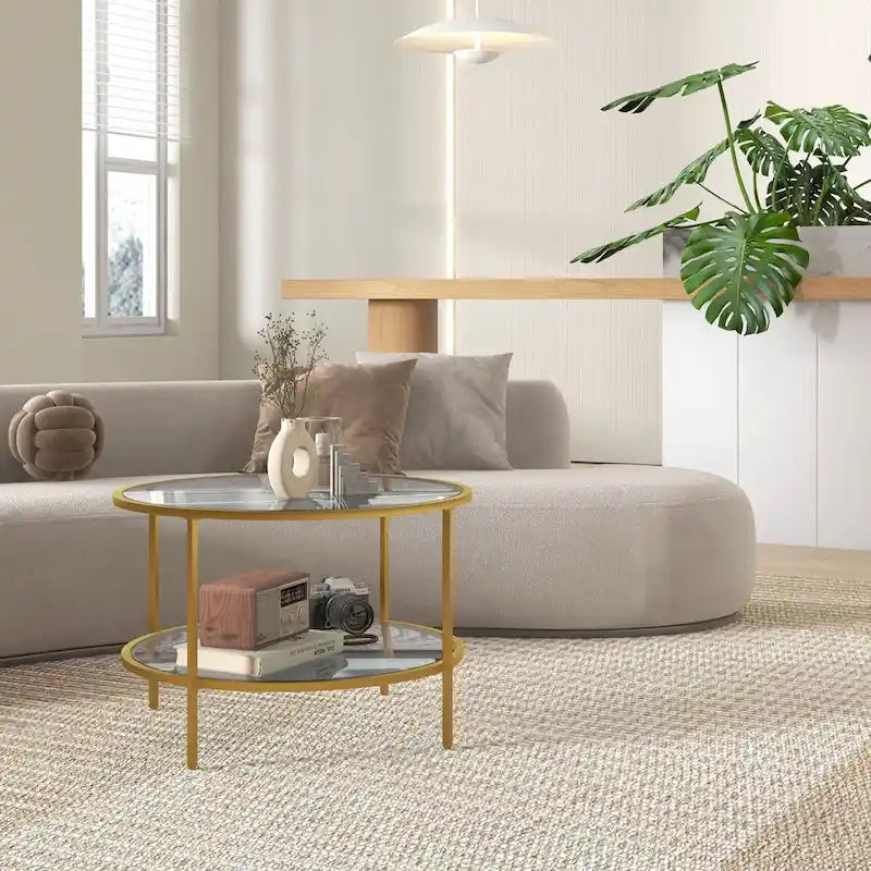 HOMCOM Side Table with Storage, 26 Round End Table, 2-Tier Tempered Glass Coffee Table with Steel Frame for Living Room
