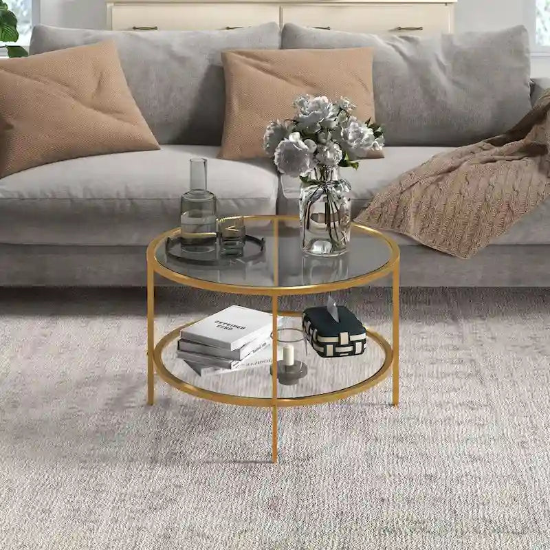 HOMCOM Side Table with Storage, 26 Round End Table, 2-Tier Tempered Glass Coffee Table with Steel Frame for Living Room