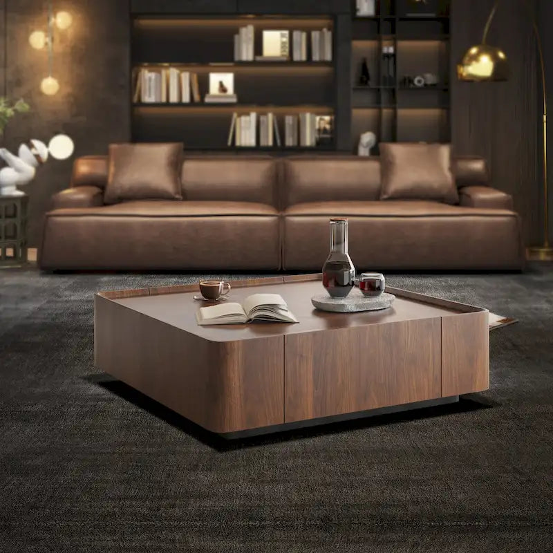 Mid-Century Modern Suqare Wood Finish Coffee Table with Drawers
