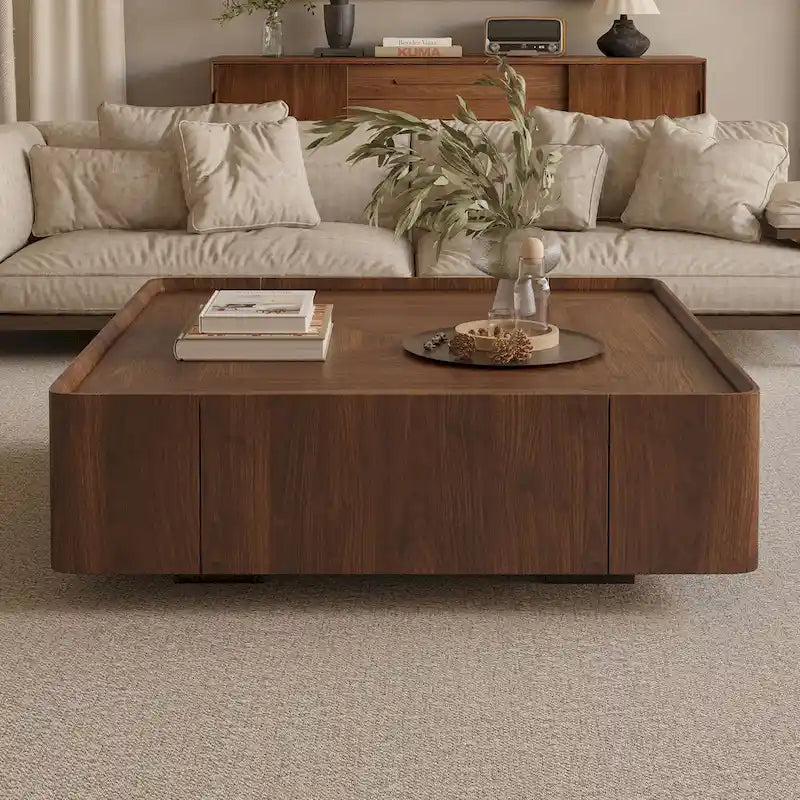 Mid-Century Modern Suqare Wood Finish Coffee Table with Drawers