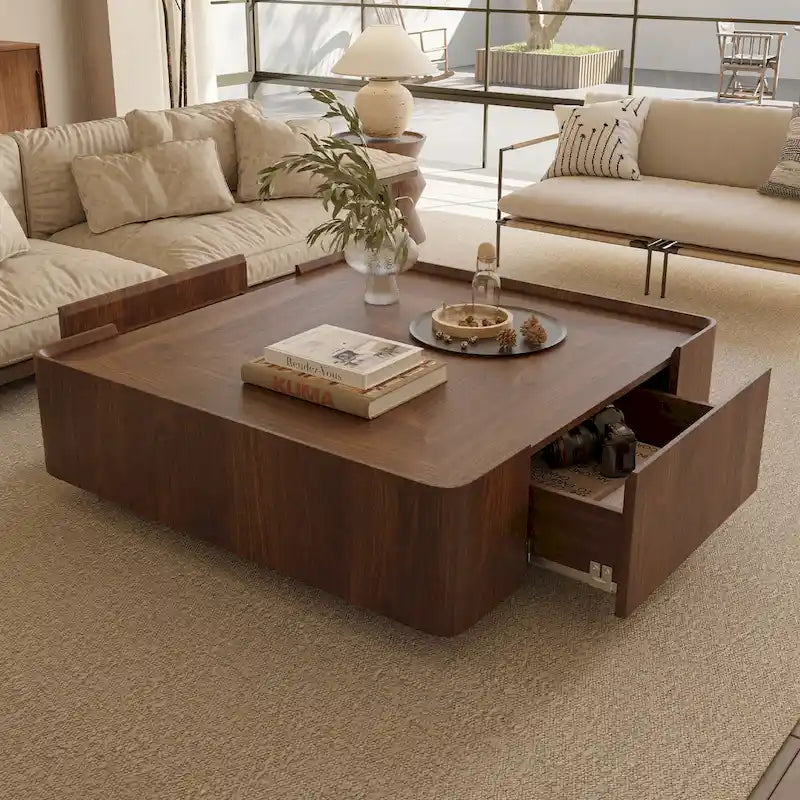 Mid-Century Modern Suqare Wood Finish Coffee Table with Drawers