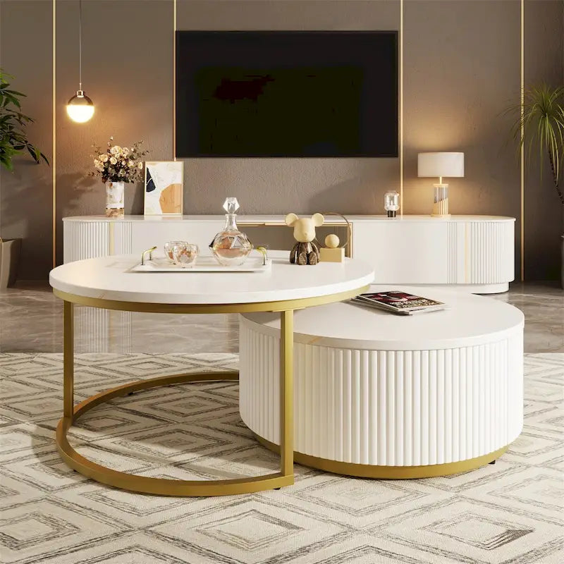 Modern Round Nesting Coffee Table with Drawer (Set of 2) by Harper&Bright Designs