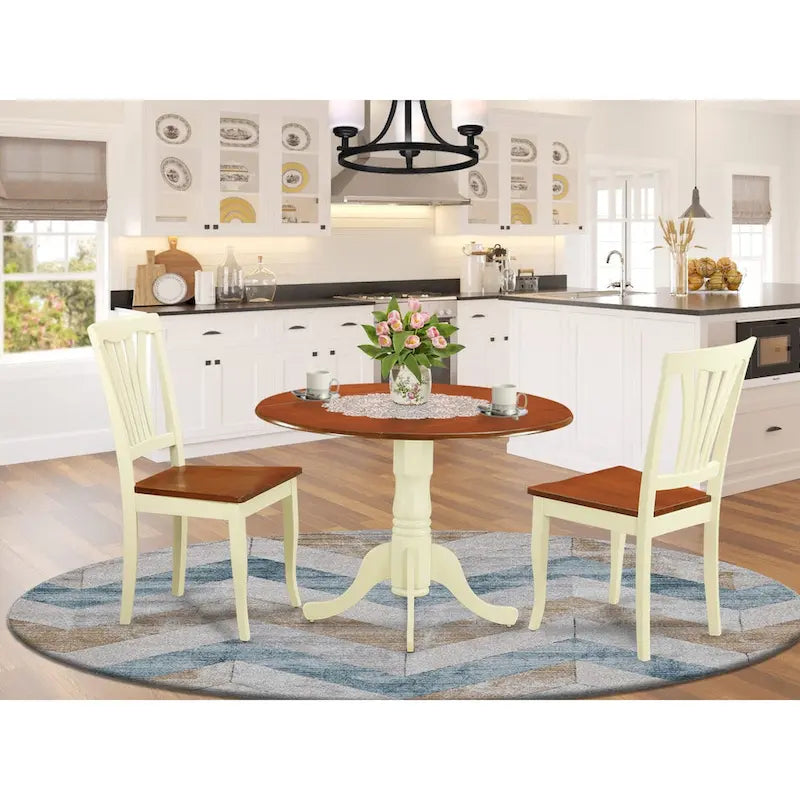 East West Furniture 3 Piece Dining Table Set Contains a Round Dining Room Table and 2 Wooden Seat Chairs, Buttermilk & Cherry
