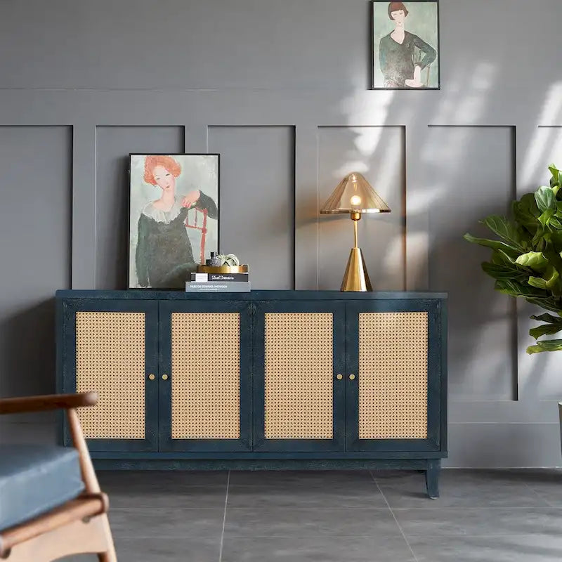 Roomfitters Handcrafted Premium Grain Panels,Rattan Sideboard Buffet Cabinet, Accent Storage Cabinet, Navy Blue - N/A