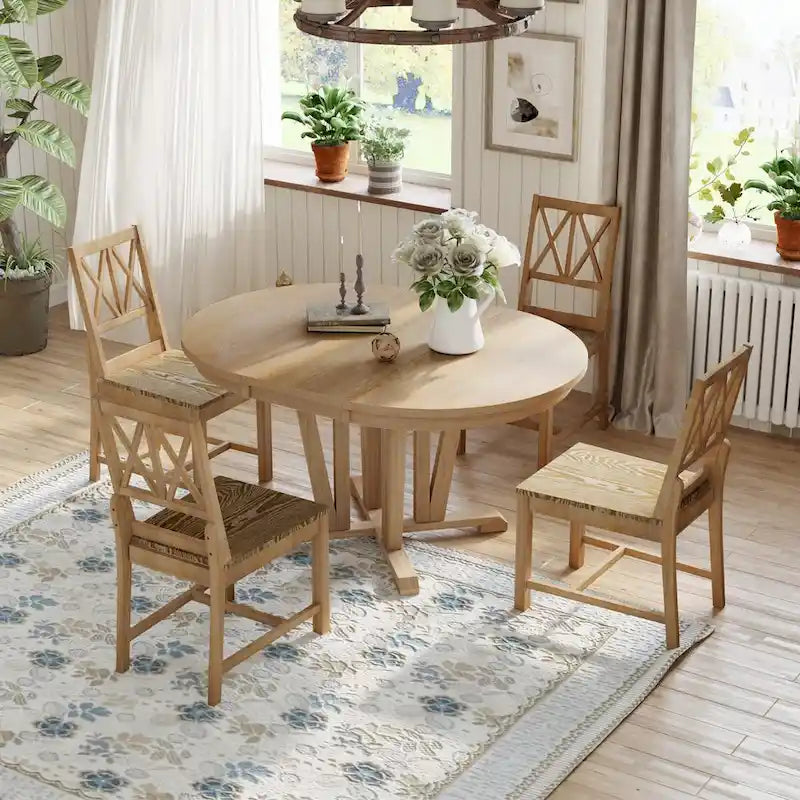 Rustic 5-Piece Extendable Dining Table Set Round Trestle Table and 4 Cross Back Dining Chairs for Kitchen, Dining Room, Gray