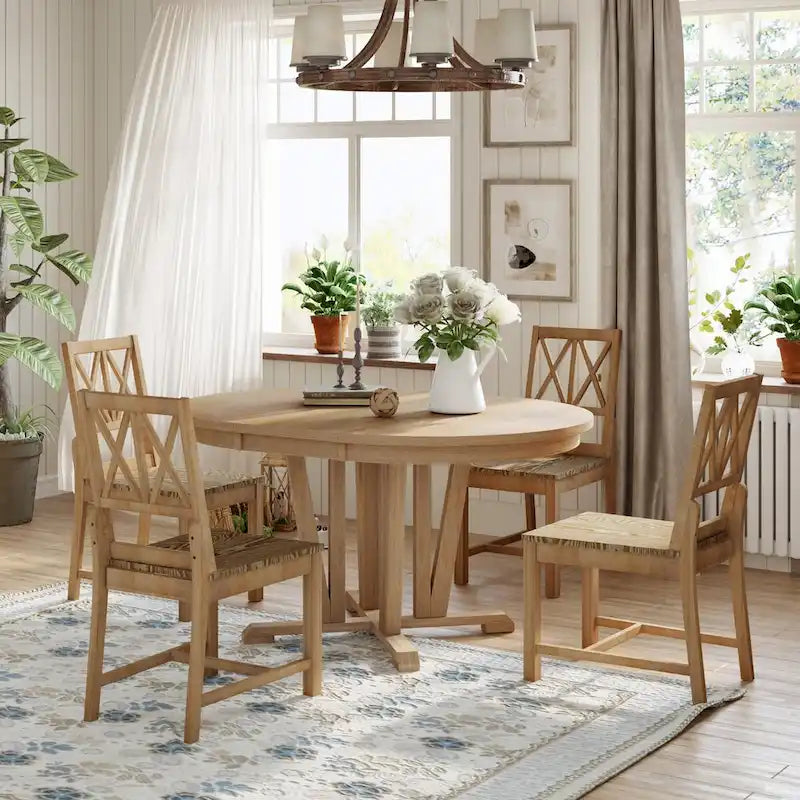 Rustic 5-Piece Extendable Dining Table Set Round Trestle Table and 4 Cross Back Dining Chairs for Kitchen, Dining Room, Gray