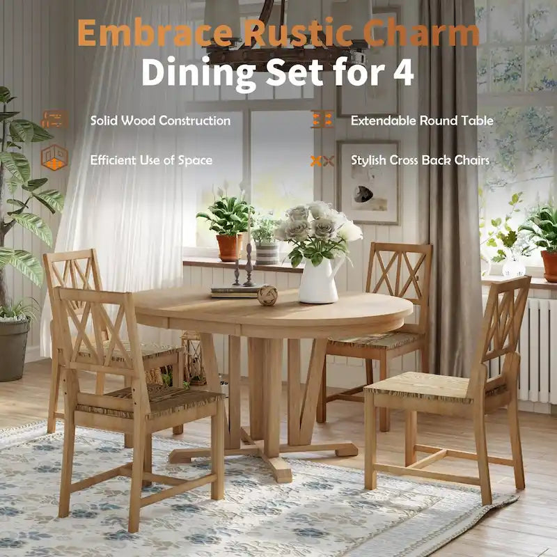 Rustic 5-Piece Extendable Dining Table Set Round Trestle Table and 4 Cross Back Dining Chairs for Kitchen, Dining Room, Gray