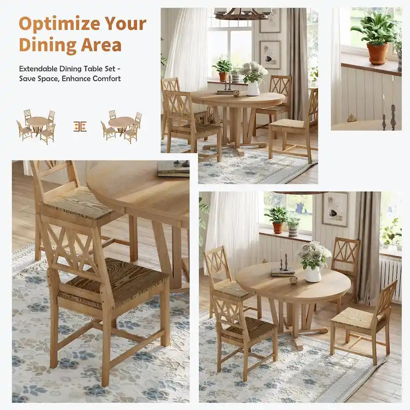 Rustic 5-Piece Extendable Dining Table Set Round Trestle Table and 4 Cross Back Dining Chairs for Kitchen, Dining Room, Gray