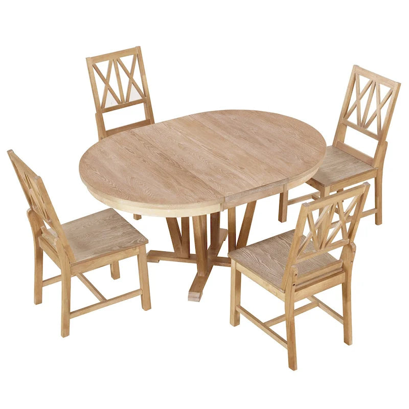 Rustic 5-Piece Extendable Dining Table Set Round Trestle Table and 4 Cross Back Dining Chairs for Kitchen, Dining Room, Gray