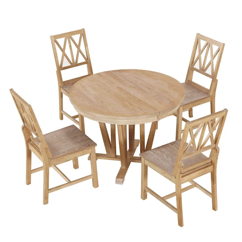 Rustic 5-Piece Extendable Dining Table Set Round Trestle Table and 4 Cross Back Dining Chairs for Kitchen, Dining Room, Gray