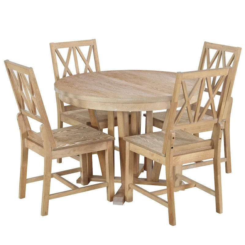 Rustic 5-Piece Extendable Dining Table Set Round Trestle Table and 4 Cross Back Dining Chairs for Kitchen, Dining Room, Gray