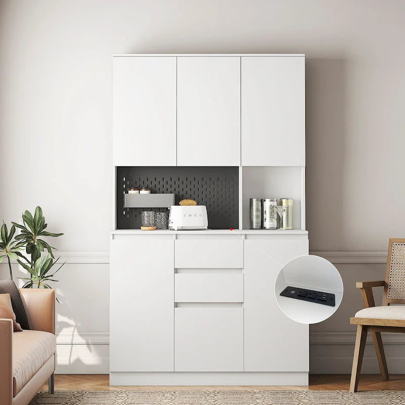 74Kitchen Pantry Cabinet with Charging Station,Freestanding Buffet Cupboards Sideboard with Drawer,with Microwave Stand