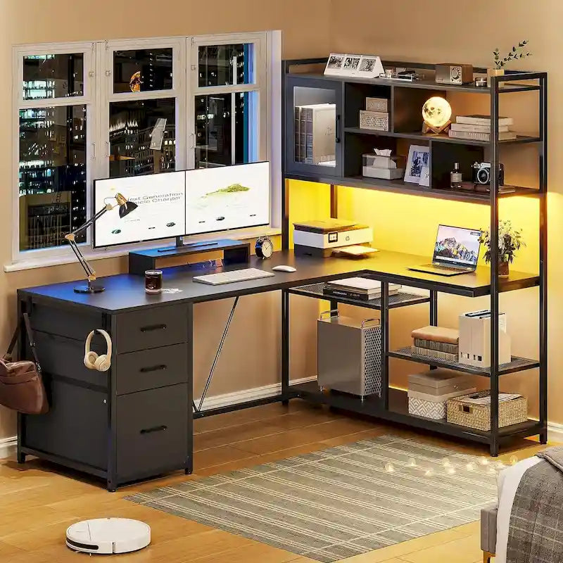 L Shaped Computer Desk 58 Office Desk with 3 Drawers and Bookshelf