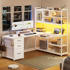 L Shaped Computer Desk 58 Office Desk with 3 Drawers and Bookshelf