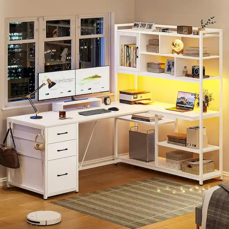 L Shaped Computer Desk 58 Office Desk with 3 Drawers and Bookshelf