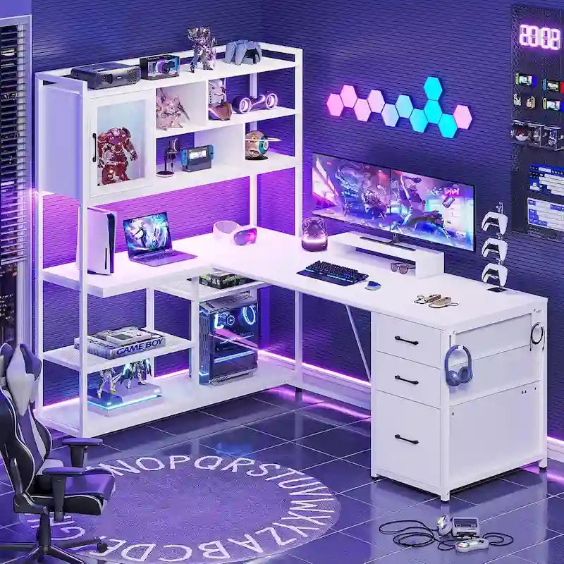 L Shaped Computer Desk 58 Office Desk with 3 Drawers and Bookshelf
