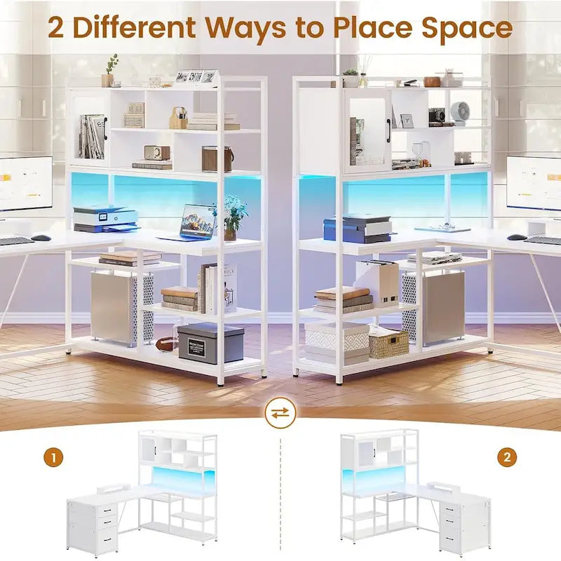 L Shaped Computer Desk 58 Office Desk with 3 Drawers and Bookshelf