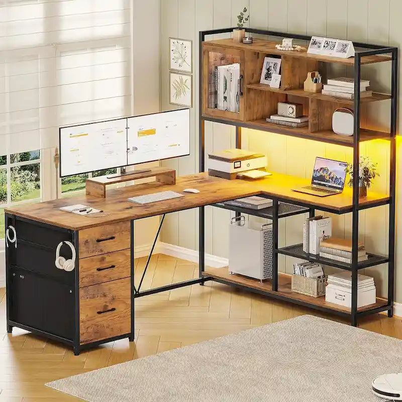 L Shaped Computer Desk 58 Office Desk with 3 Drawers and Bookshelf