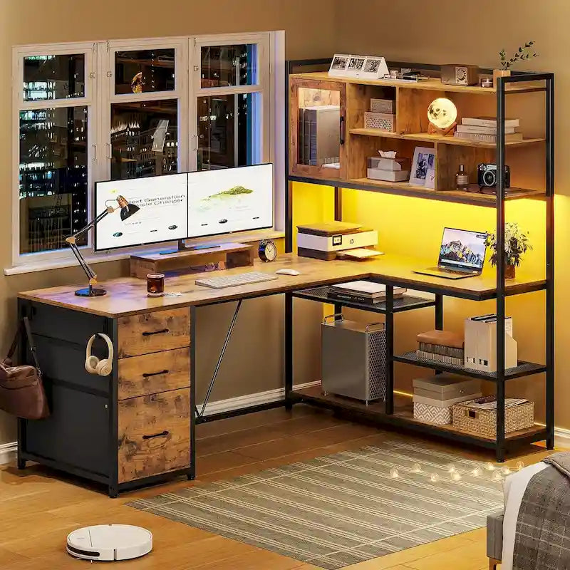 L Shaped Computer Desk 58 Office Desk with 3 Drawers and Bookshelf