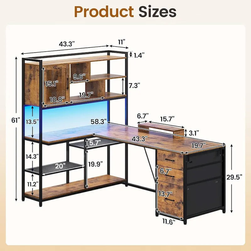 L Shaped Computer Desk 58 Office Desk with 3 Drawers and Bookshelf