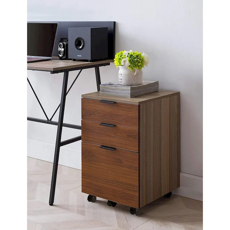 JJS 3 Drawer Rolling Wood File Cabinet with Locking Wheels for A4 or Letter Size