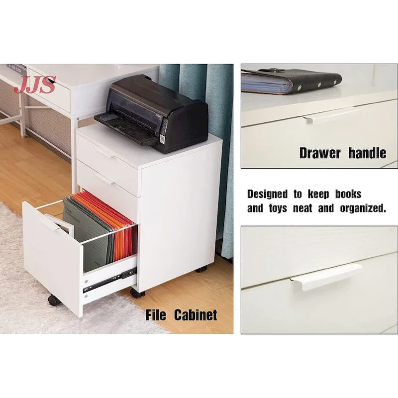 JJS 3 Drawer Rolling Wood File Cabinet with Locking Wheels for A4 or Letter Size