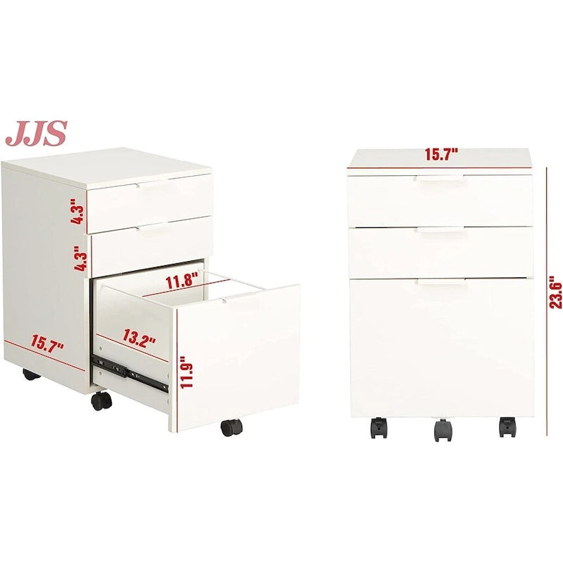 JJS 3 Drawer Rolling Wood File Cabinet with Locking Wheels for A4 or Letter Size