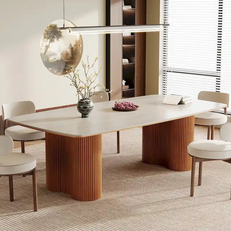 78.7 Rectangle Dining Table, Luxury Sintered Stone Kitchen Table with Solid Wood Legs