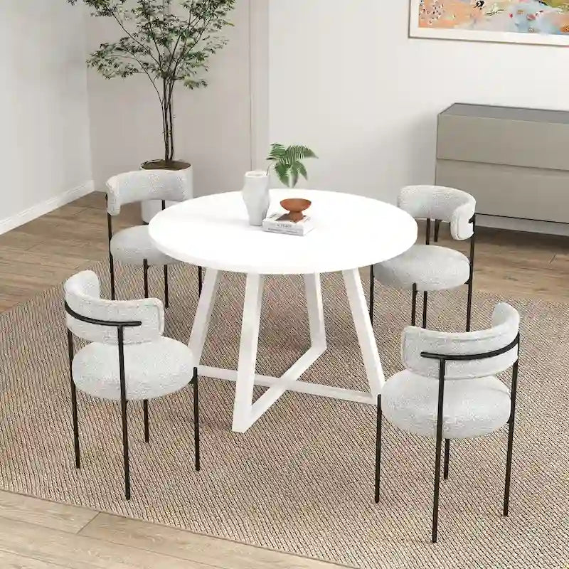Roundhill Durban 5-Piece Round Dining Set, Trestle Dining Table with 4 Boucle Chairs