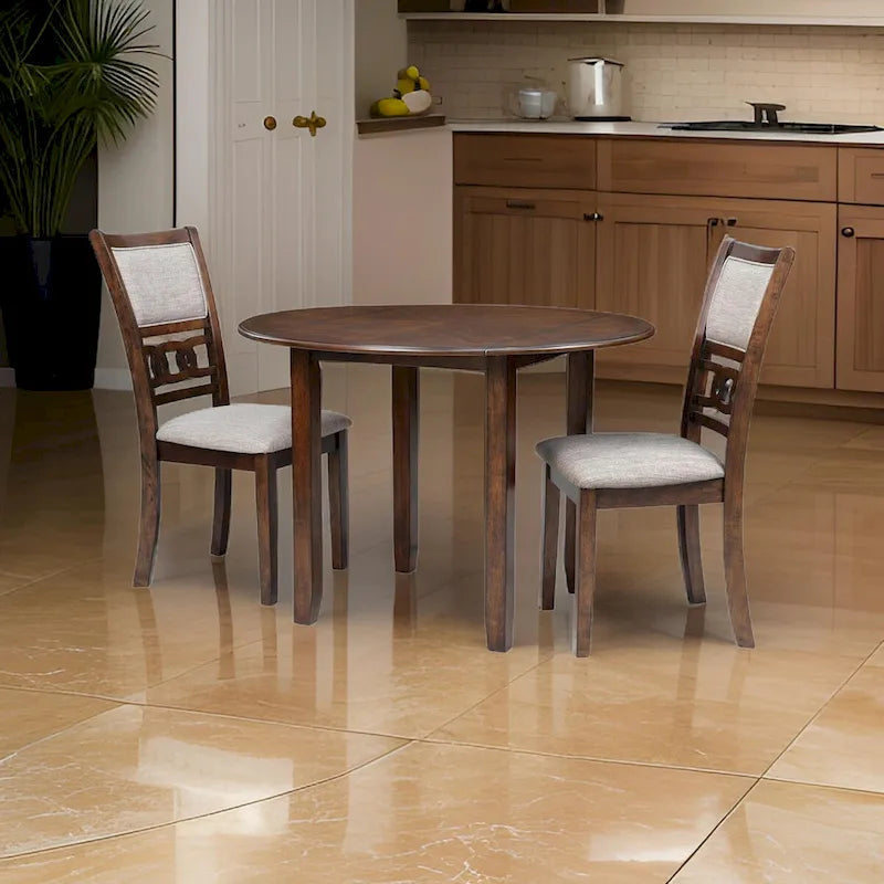 3pc 42 Inch Dining Table Set, Extendable Drop Leaves, 2 Chairs, Brown