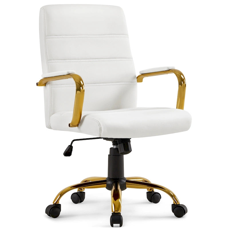 Yaheetech Mid-Back Office Chair with Gold Frame PU Leather Office Executive Chair, White - N/A