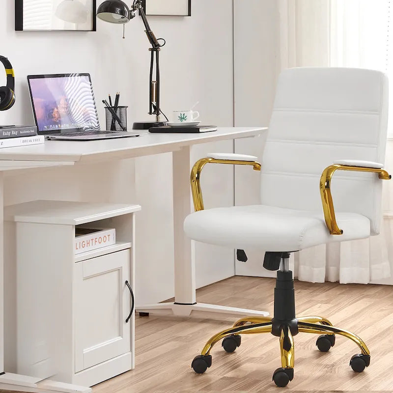Yaheetech Mid-Back Office Chair with Gold Frame PU Leather Office Executive Chair, White - N/A
