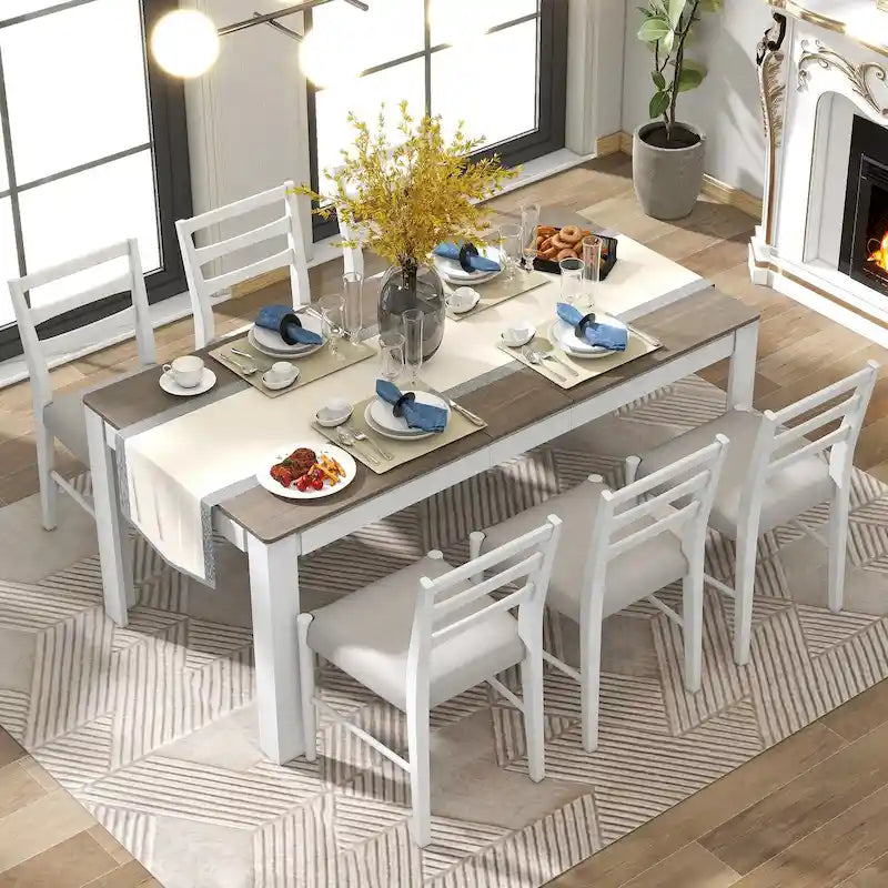 7-Piece Wooden Extendable Dining Table Set with 12 Leaf and 2 Drawers, 6 Chairs