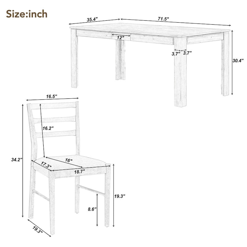 7-Piece Wooden Extendable Dining Table Set with 12 Leaf and 2 Drawers, 6 Chairs