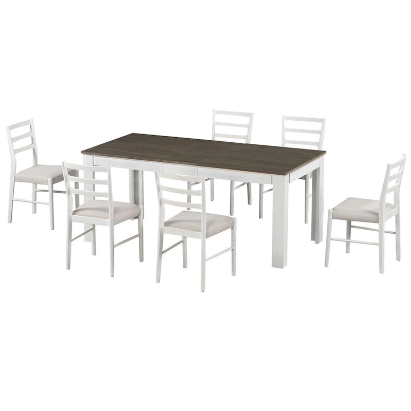 7-Piece Wooden Extendable Dining Table Set with 12 Leaf and 2 Drawers, 6 Chairs