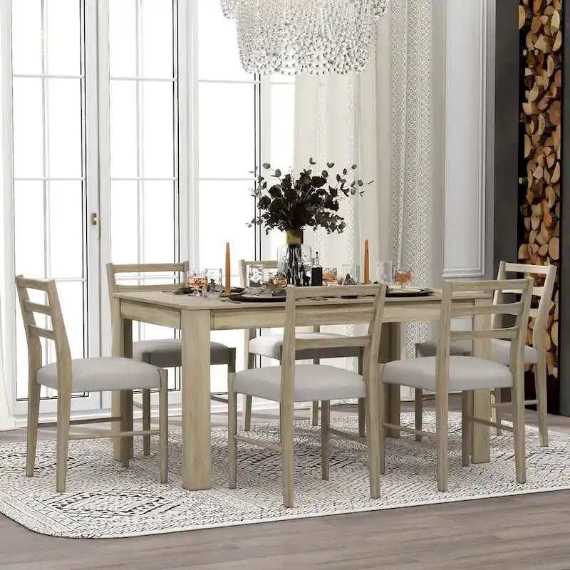7-Piece Wooden Extendable Dining Table Set with 12 Leaf and 2 Drawers, 6 Chairs